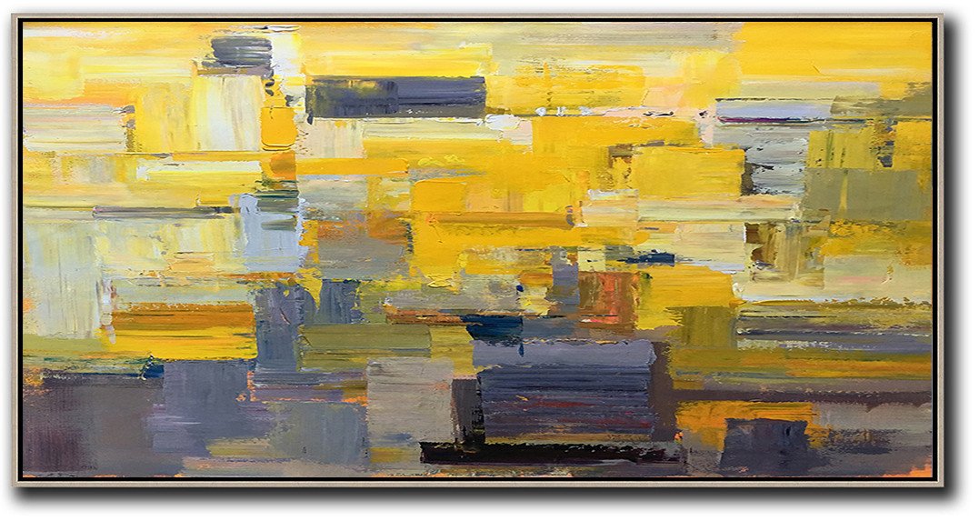 Abstract Art On Canvas, Modern Art,Horizontal Palette Knife Contemporary Art Panoramic Canvas Painting,Acrylic Painting Wall Art,Yellow,Grey,Brown,White.etc